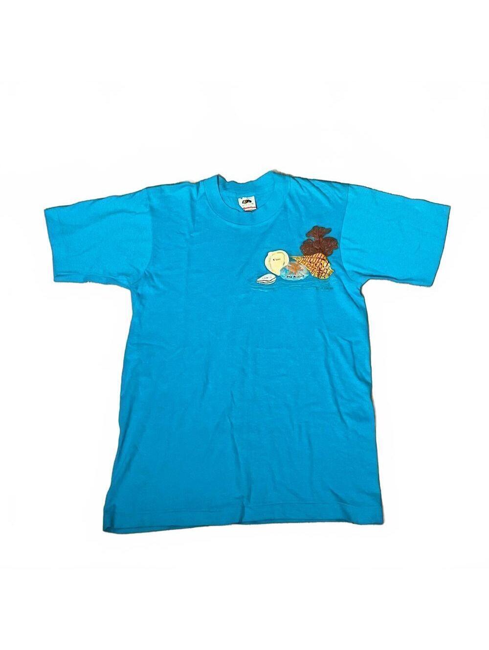 90s “Fruit of the loom” USA Blue Sea Shells Hand Painted Single Stitch T shirt M
